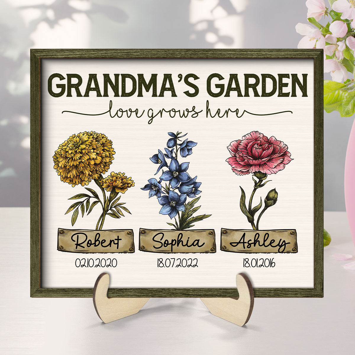 Grandma‘s Garden Love Grows Here Vintage Birth Month Flower Personalized 2-Layer Wooden Plaque