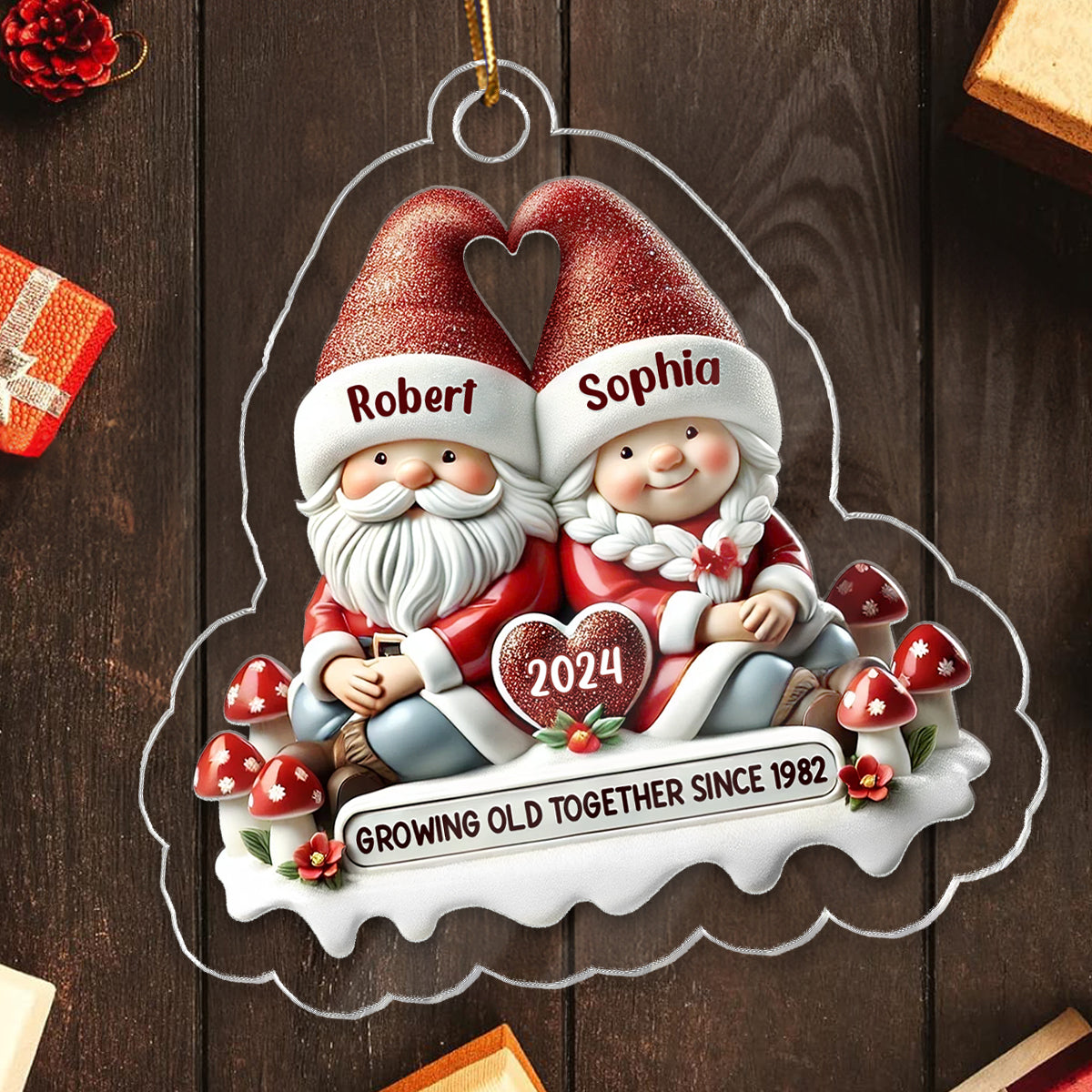 3D Effect Gnome Couple - Personalized Acrylic Ornament - Gift for Him, Gift for Her