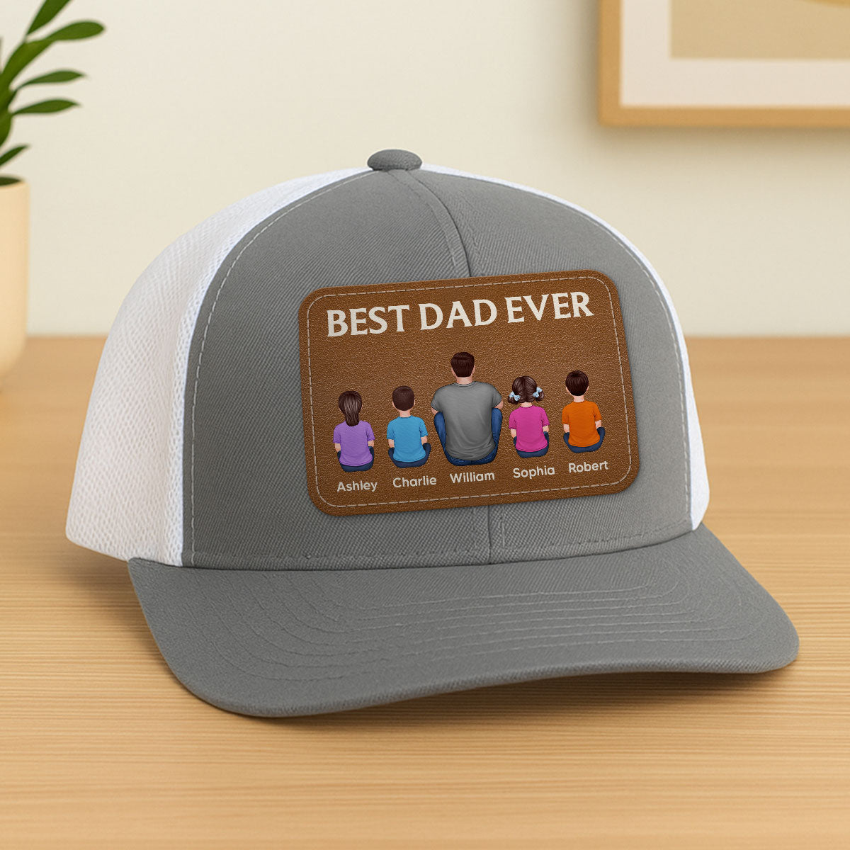 Best Dad Grandpa Ever Back View Sitting With Kids Personalized Leather Patch Hat