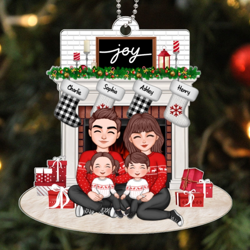 Family Sitting Hugging At The Fireplace Personalized Family Christmas Acrylic Ornament