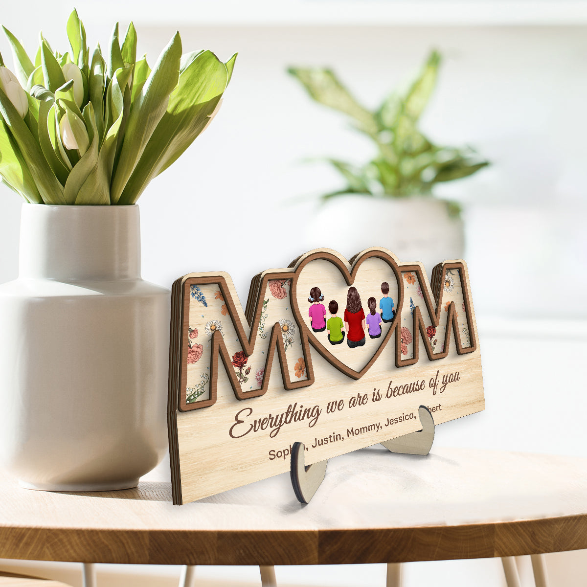 Custom Birth Month Flowers MOM Hearts Personalized 2-Layer Wooden Plaque