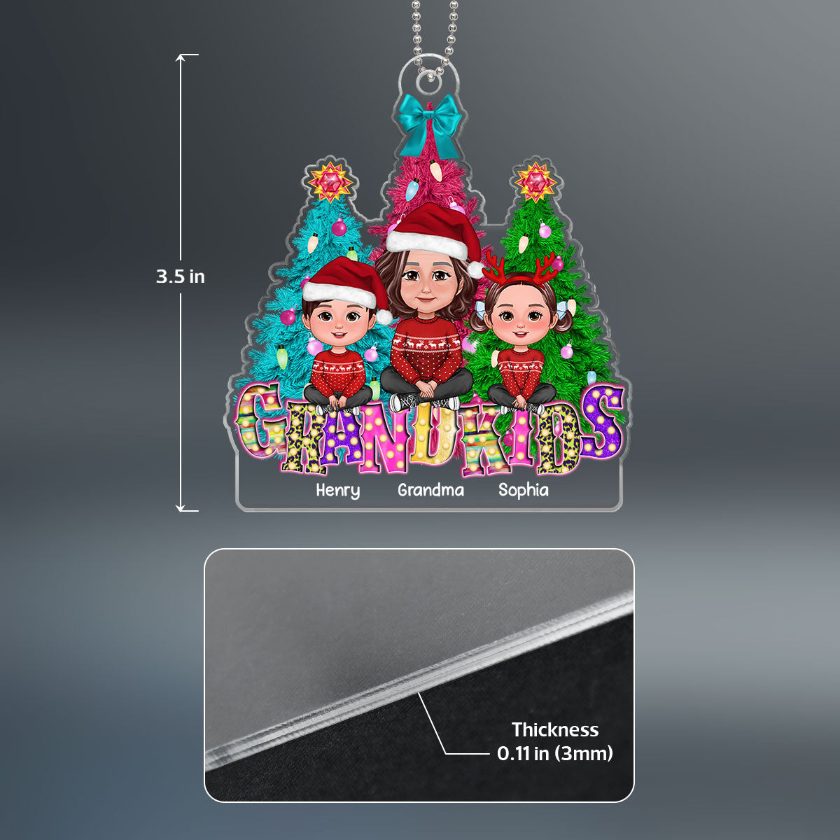Grandma Grandkids Sitting Christmas Tree Marquee LED Personalized Acrylic Ornament