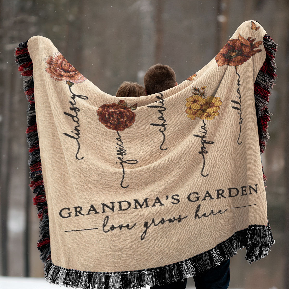 Beautiful Vintage Birth Month Flowers Grandma's Garden Personalized Tapestry Woven Blanket, Gift For Grandma