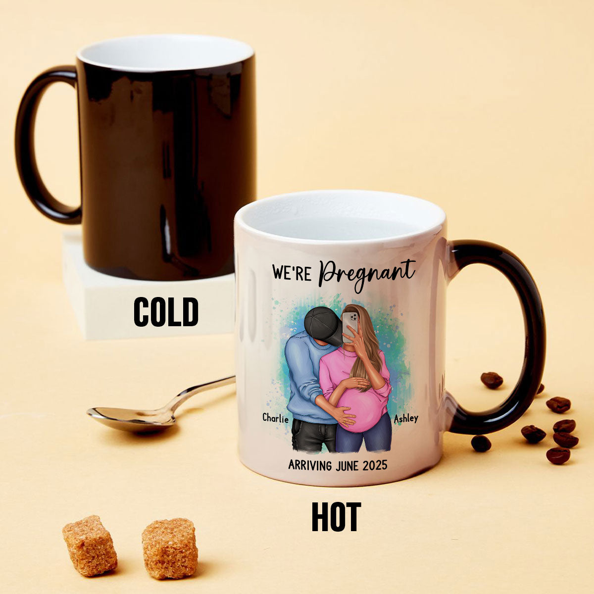 We’re Pregnant Secret Message, Hugging Couple, Hidden message Personalized Color Changing Mug, Pregnancy Reveal, Pregnancy Announcement, Baby Announcement