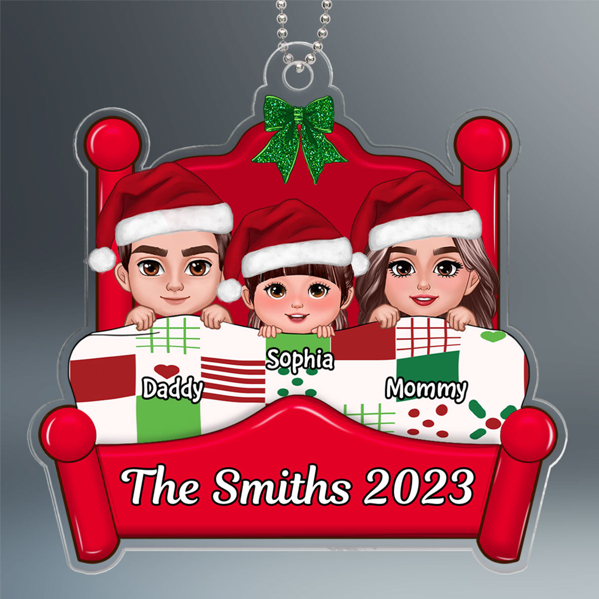 Christmas Family Dad Mom Kids Dogs Cats On Bed Personalized Acrylic Ornament