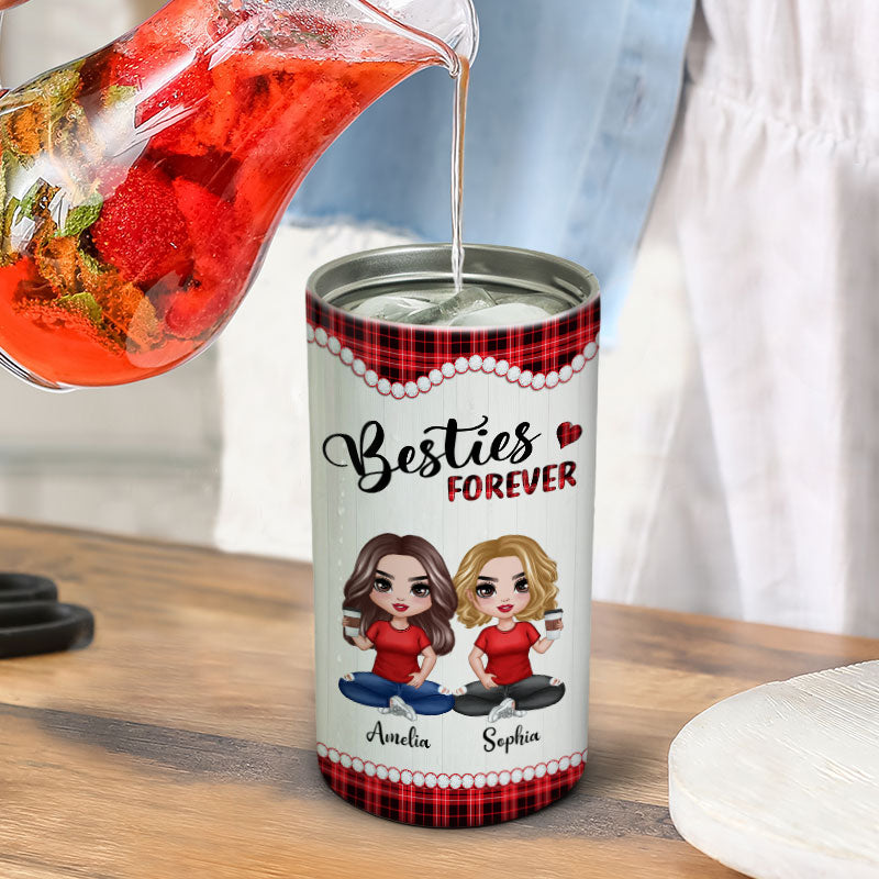 Checkered Pattern Doll Besties Sisters Sitting Personalized 4 In 1 Can Cooler
