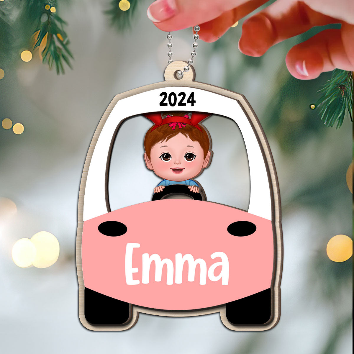 Kid On Christmas Toy Car First Christmas Personalized 2-Layer Wooden Ornament