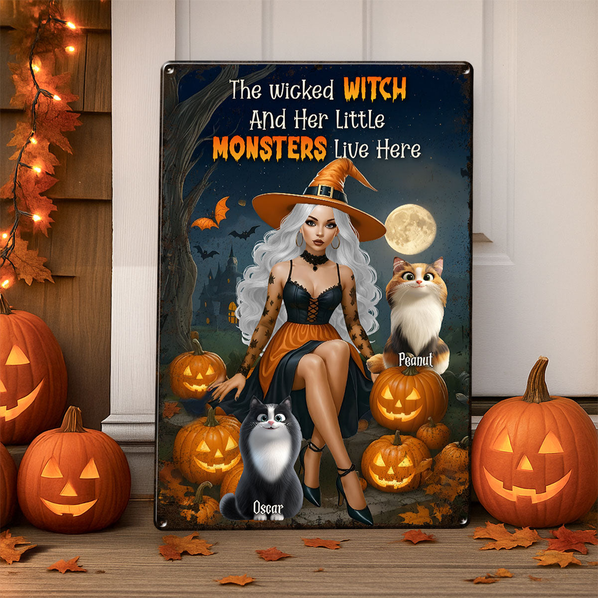 The Wicked Witch and Her Little Monster Live Here Personalized Metal Sign, Halloween Decor for Cat Lovers