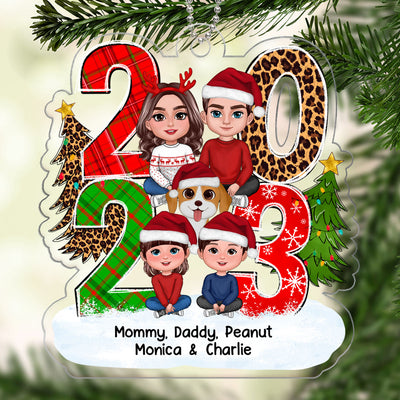 Christmas Family Sitting Crossed Legs 2023 Stacked Pattern Personalized Acrylic Ornament