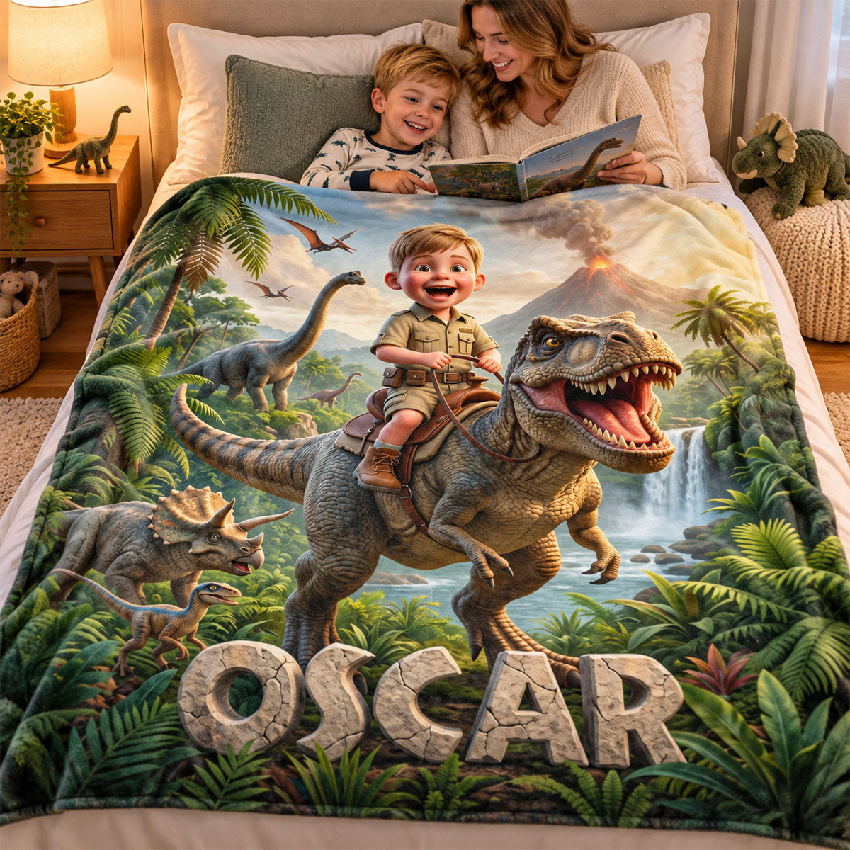 Kid Riding Dinosaur Custom Portrait from Photo - Personalized Fleece Blanket - Christmas Gift for Son, Daughter, Grandkids