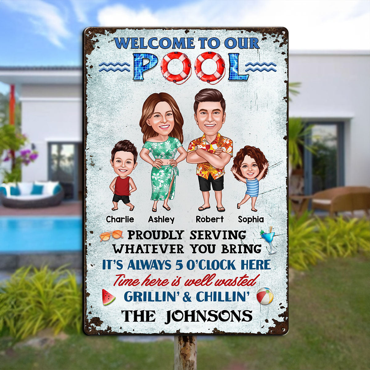 Welcome To Our Pool Caricature Family, Summer Swimming Decor, Personalized Metal Sign