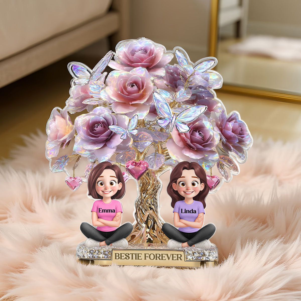 3D Effect Rose Tree Besties Sisters Personalized Acrylic Block Plaque