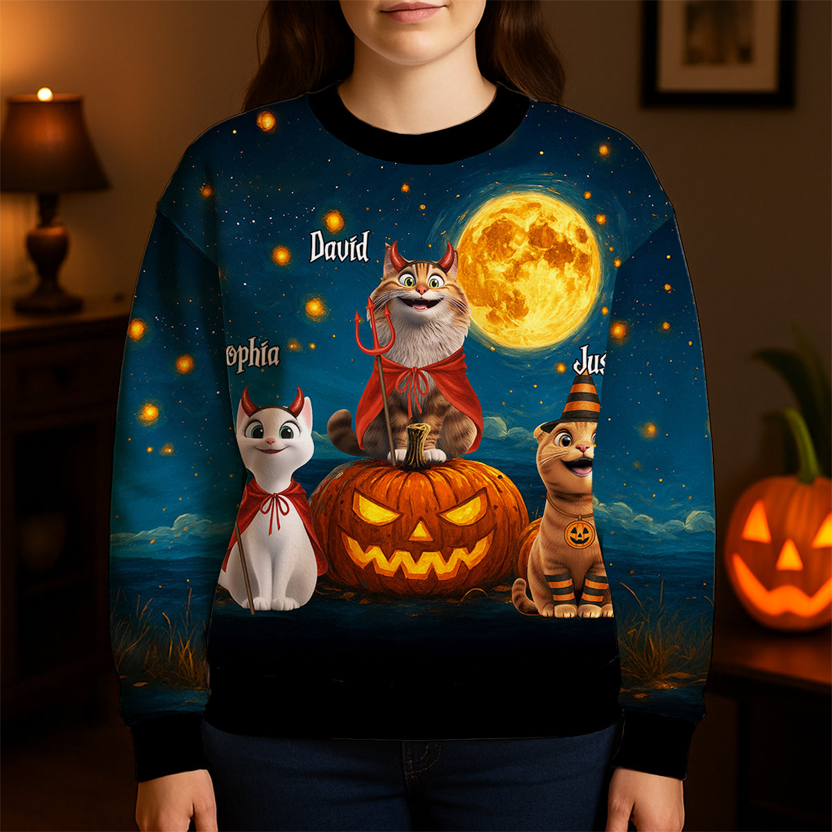 Halloween Cats Sitting in a Starry Night Personalized 3D Sweatshirt, Halloween Costume for Cat Lovers