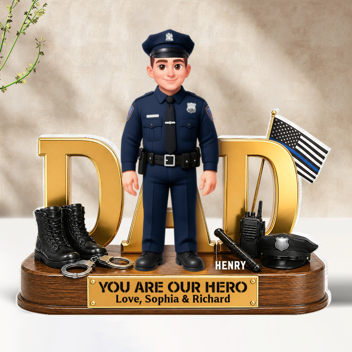 Proud American Police Dad You Are Our Hero Thin Blue Line 2D Flat - Personalized Acrylic Block Plaque - Father's Day Gift For Dad