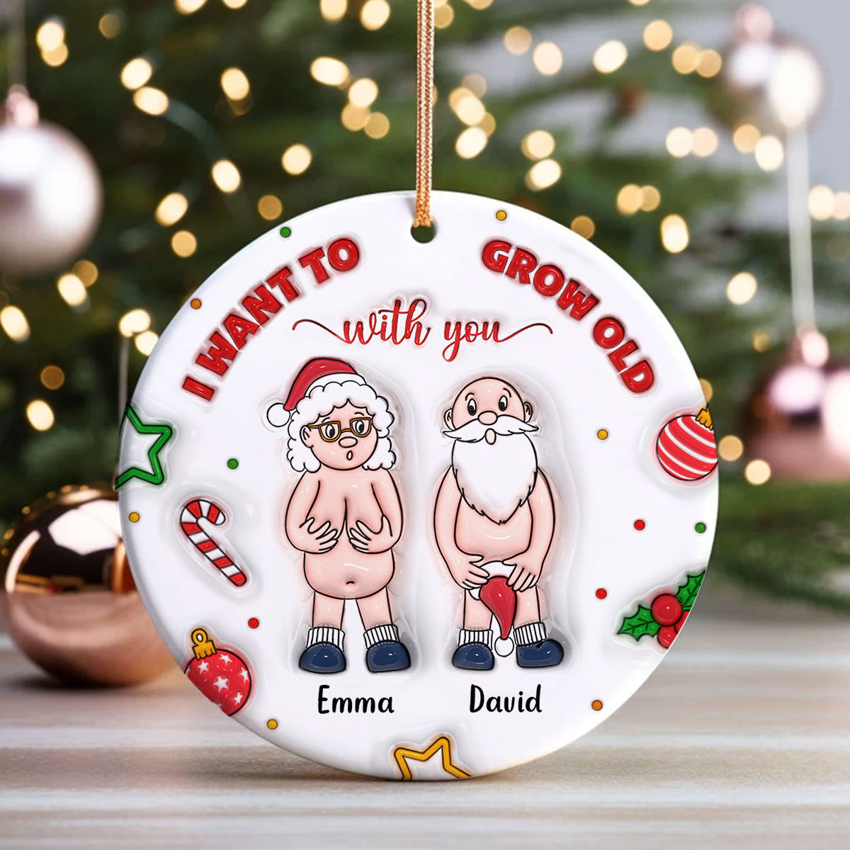 3D Inflated I Want to Grow Old With You Personalized Ceramic Circle Ornament