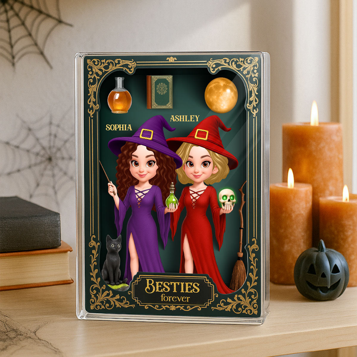 Besties Sisters 3D Effect Witch Action Figure Gothic Style Personalized Acrylic Block