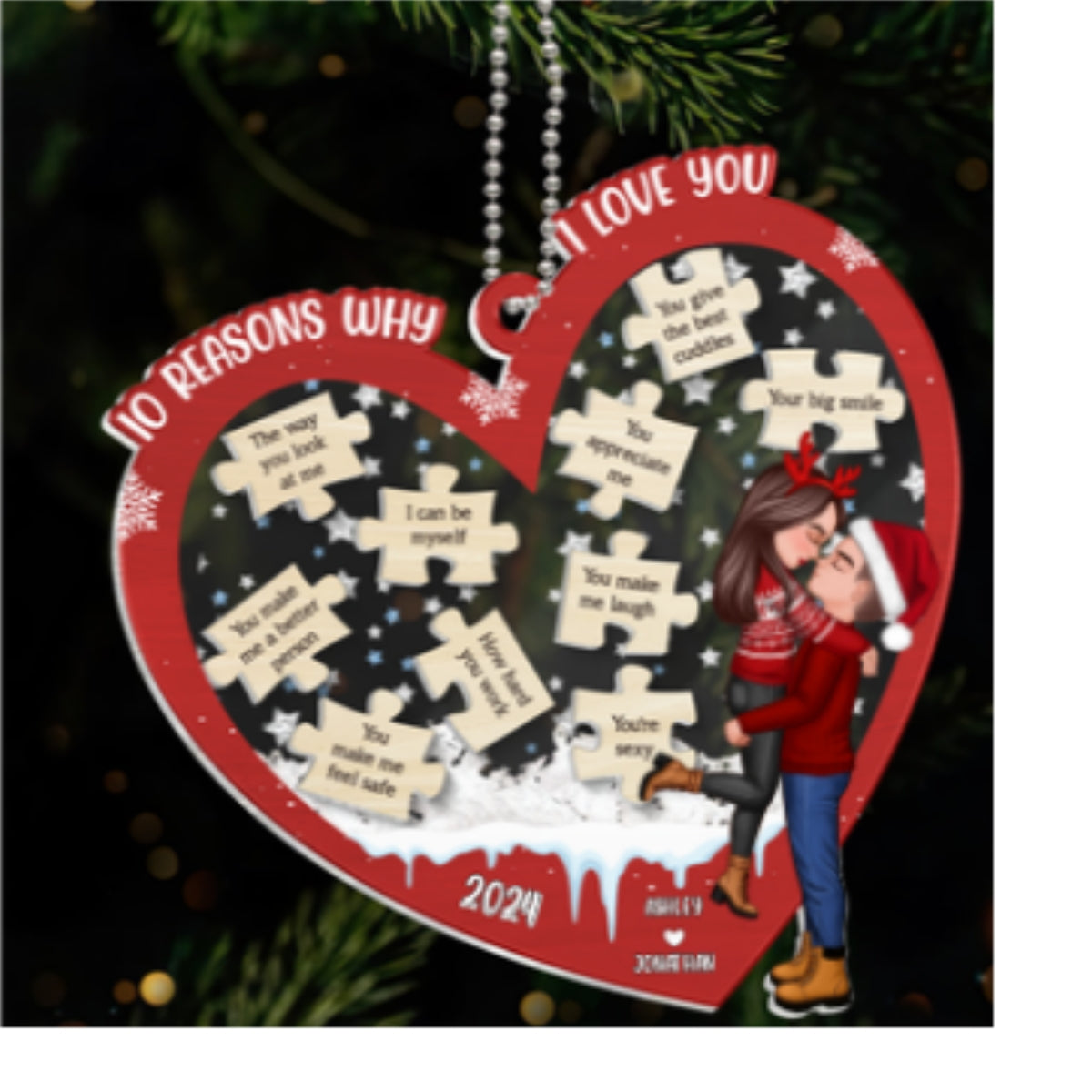Reasons Why I Love You Christmas Couple Hugging Kissing Personalized Shaker Ornament, Christmas Gift For Her, For Him