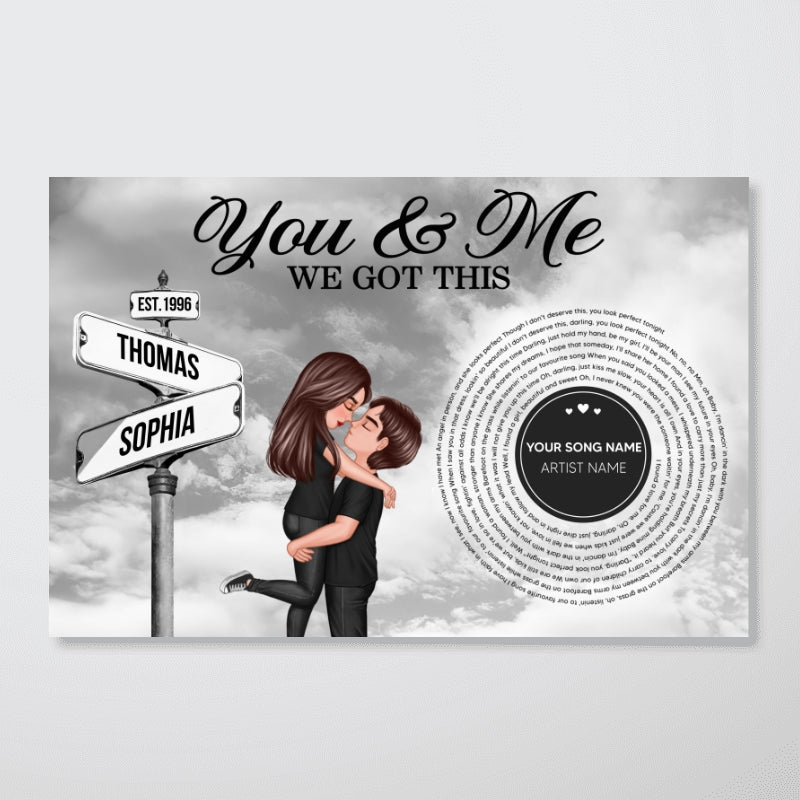 Vintage Street Sign Couple Hugging Kissing Personalized Song Lyrics Poster, Anniversary  Gift For Him, For Her