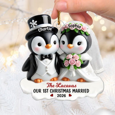 3D Effect Penguins Just Married Couple Groom & Bride Wedding First Christmas Together Personalized Acrylic Ornament