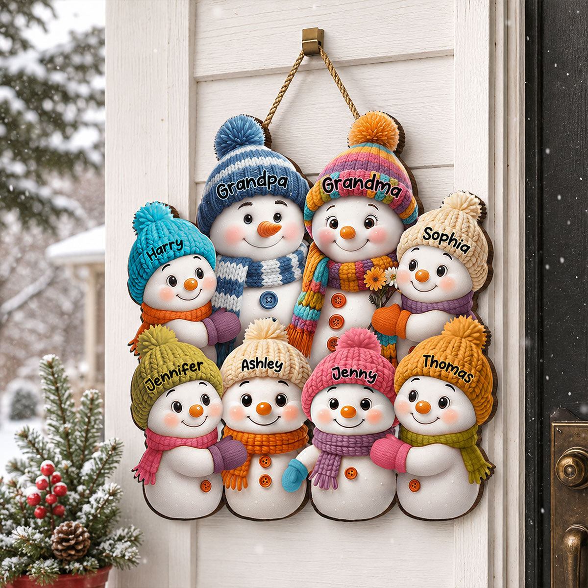 Snowman Grandparents and Grandkids - Personalized Wooden Door Sign - Cozy Christmas Decor for Grandparents