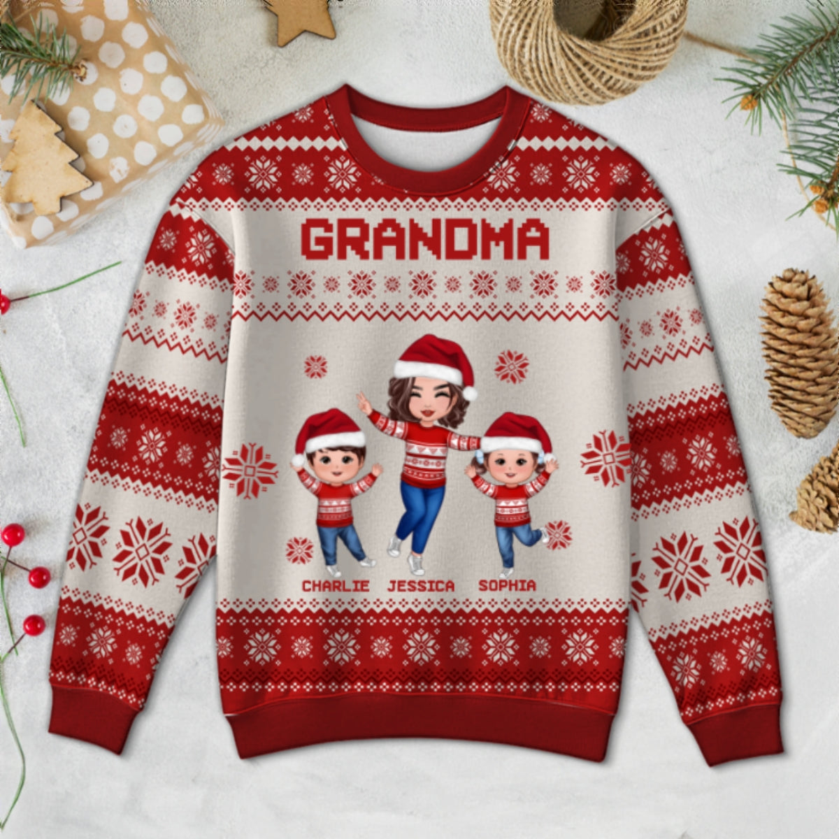 Happy Grandma Grandkids Personalized Faux Knitting Ugly Sweater, Gift For Grandma