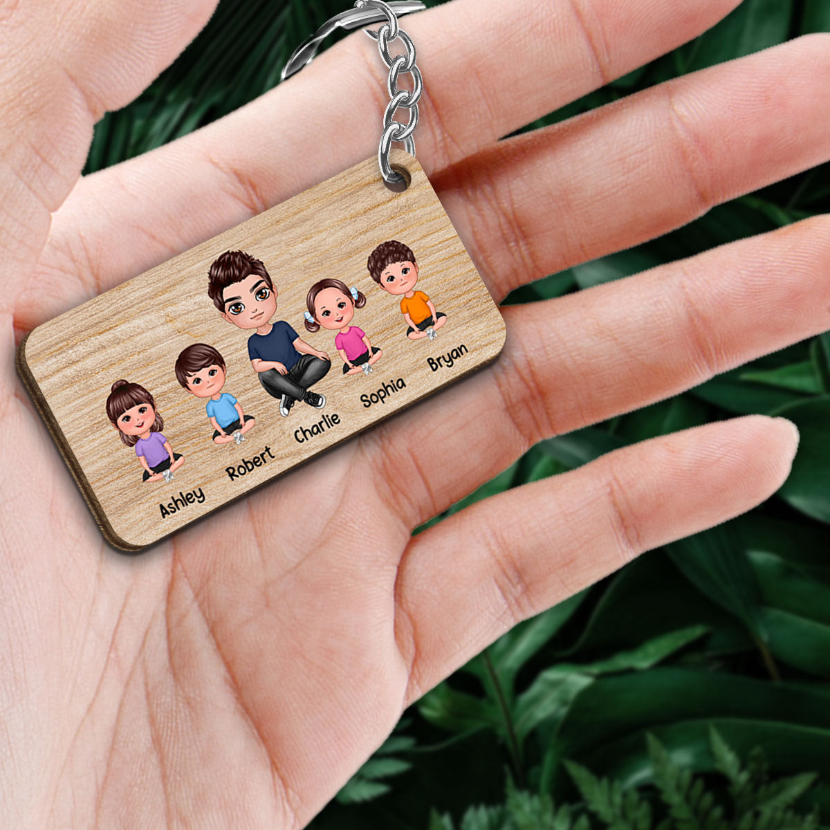 Best Dad Ever Sitting Doll Man & Kids Dog Cat Personalized Wooden Keychain