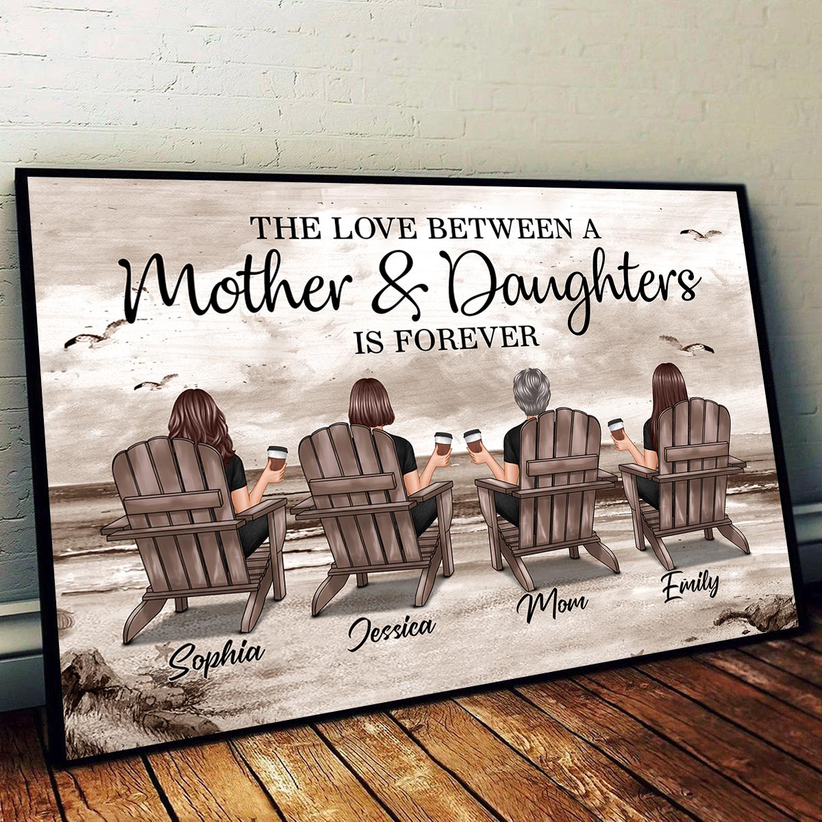 Retro Vintage Mom And Daughters Sons Beach Landscape Personalized Horizontal Poster