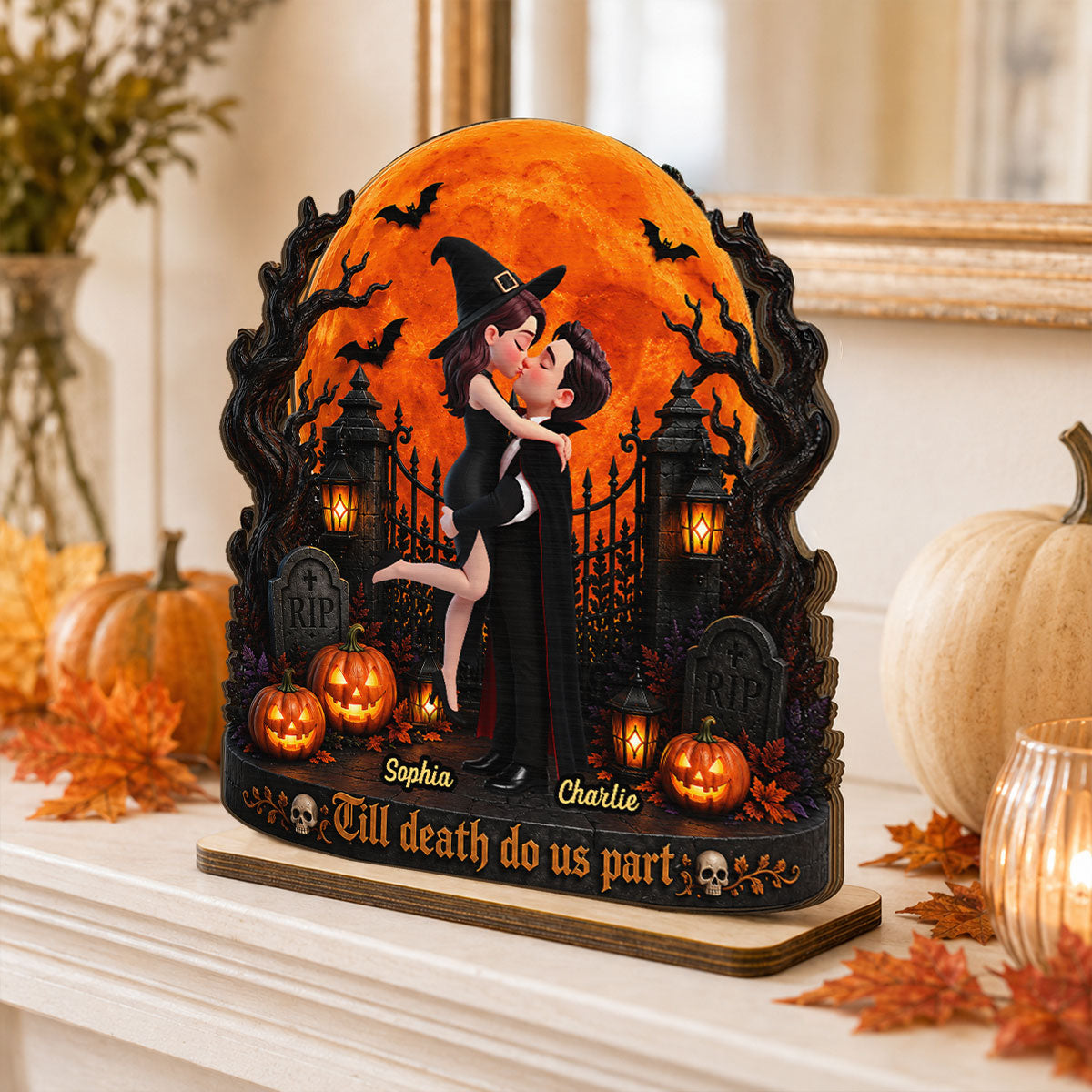 Eternal Love Couple Under Halloween Moon Light - Personalized 2-Layered Wooden Plaque - Halloween Gift For Couple