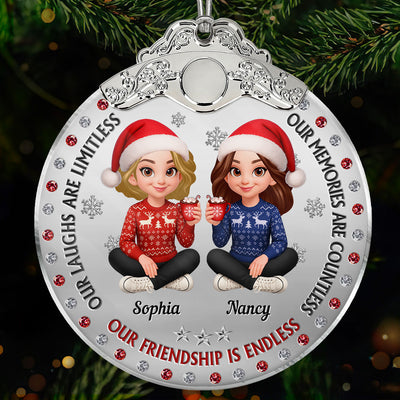 Christmas Besties Our Friendship Is Endless Metal Effect Texture - Personalized Glass Ornament With Silver Cap