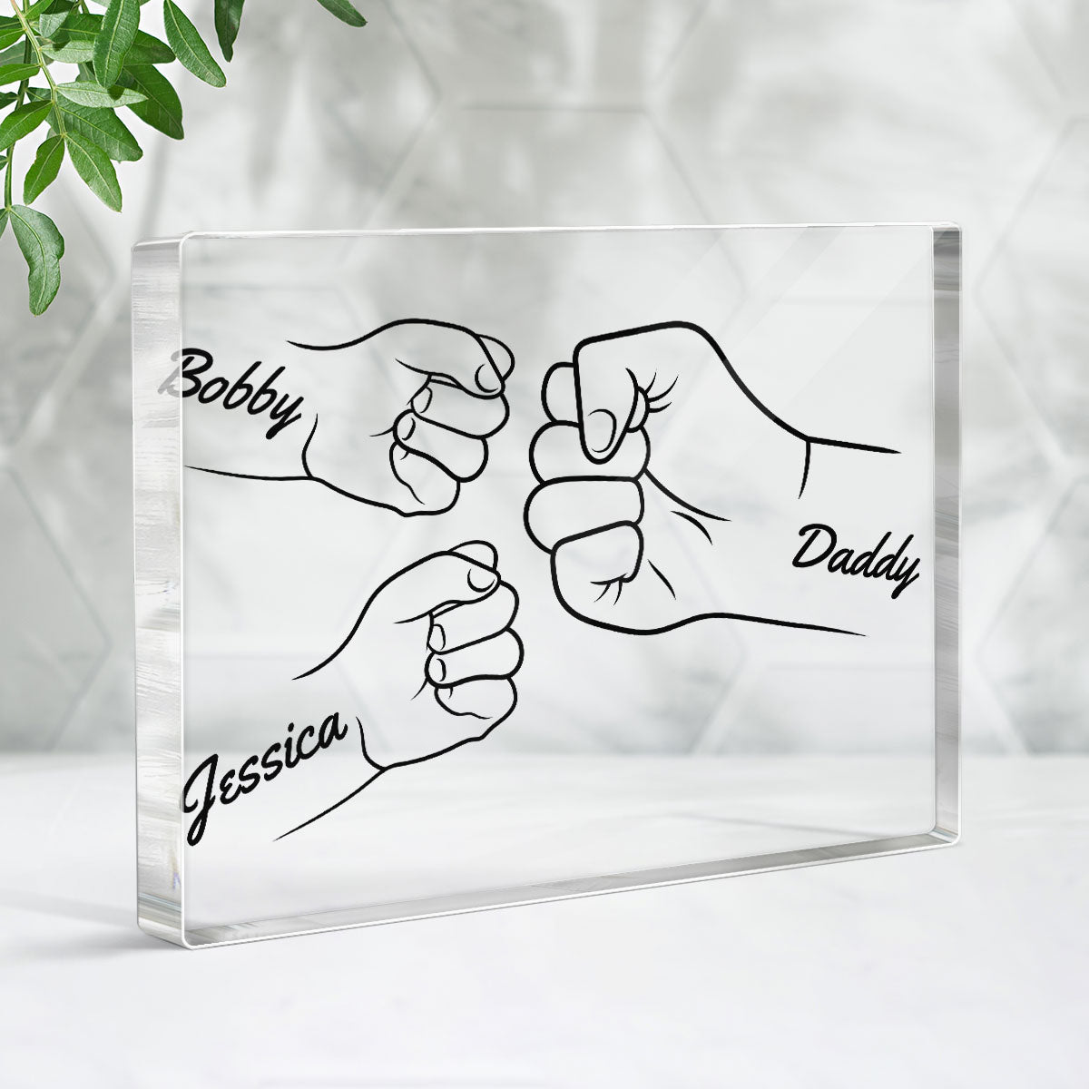 Dad Grandpa And Kids Hands Fist Bump Outline Personalized Rectangle Acrylic Block Plaque
