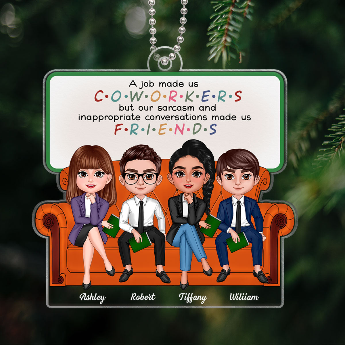 Coworkers Friends Colleagues Sitting On Sofa Personalized Acrylic Ornament, Christmas Gift