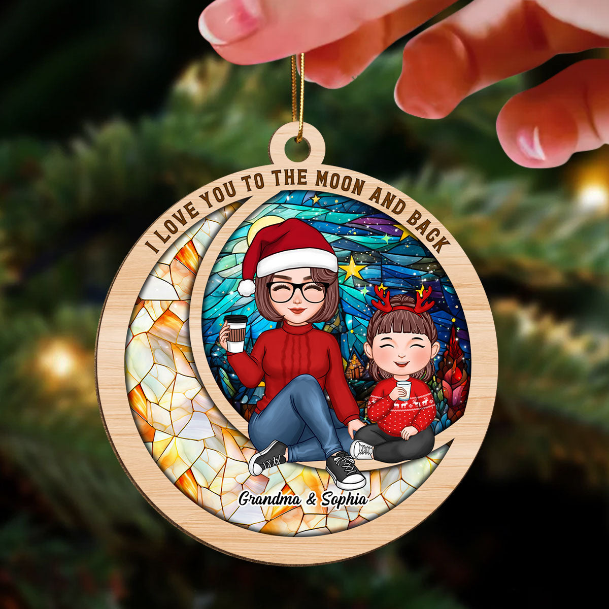 Love You To The Moon Cute Grandma Grandkid On Colorful Moon Personalized Wooden Ornament