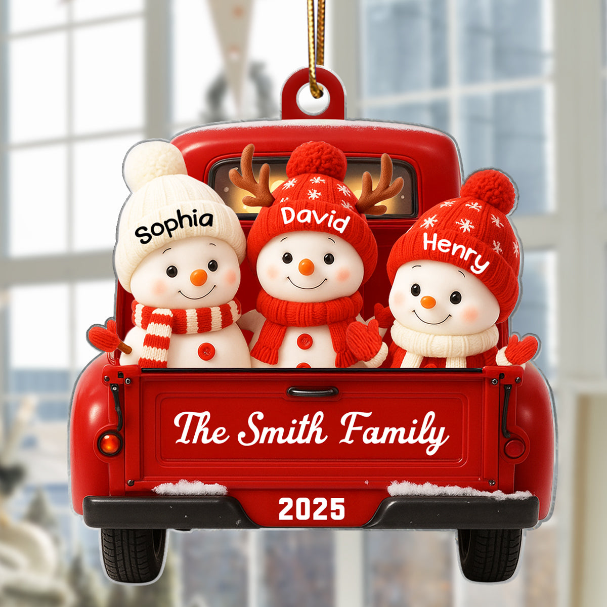 Family Snowman on Christmas Truck Personalized Acrylic Ornament, Red Truck Christmas Gift for Family