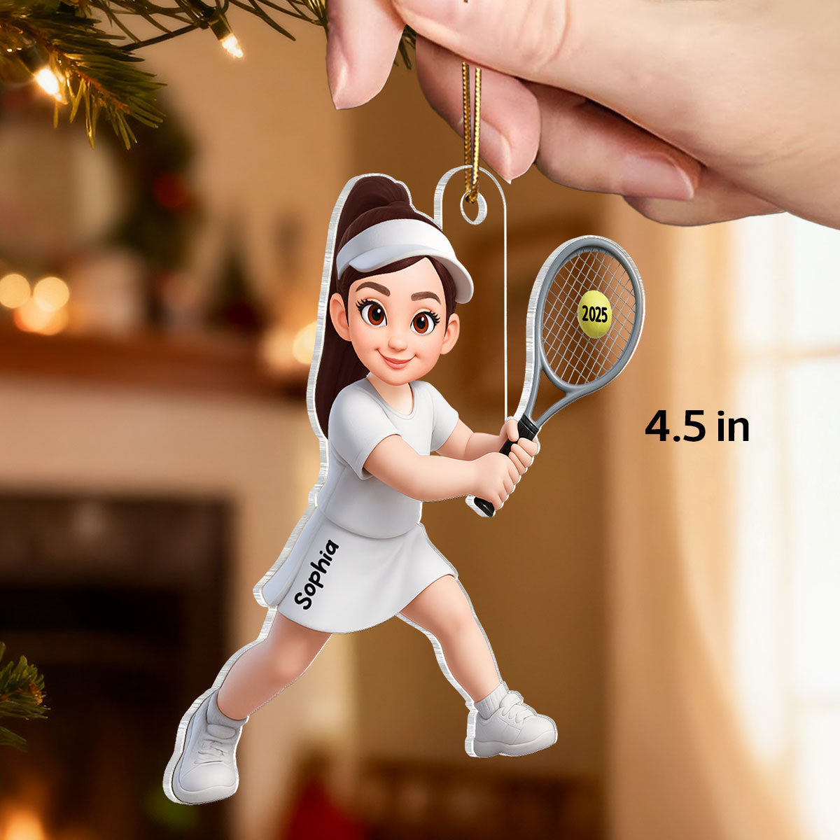 3D Effect Christmas Girl Boy Playing Tennis - Personalized Acrylic Ornament - Gift For Tennis Players, Grandson, Granddaughter