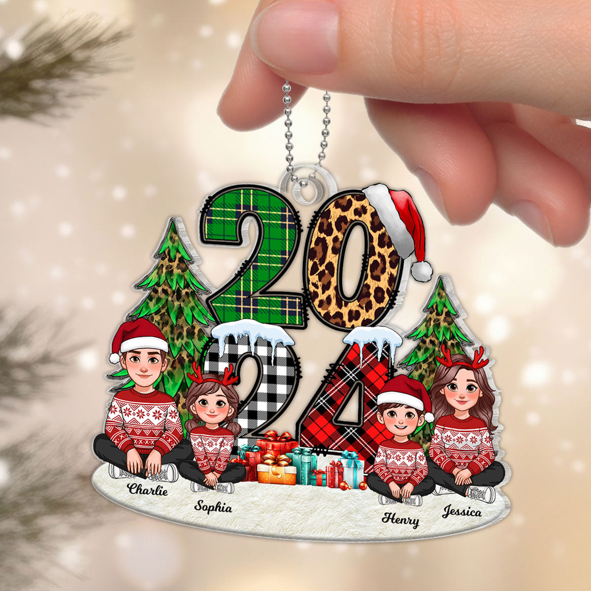 Christmas Animated Family Sitting 2024 Stacked Pattern Personalized Acrylic Ornament