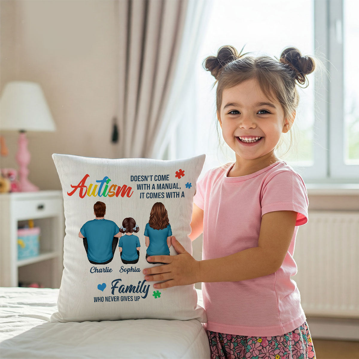 Autism Comes With A Family Never Give Up Family Back View Personalized Pillow