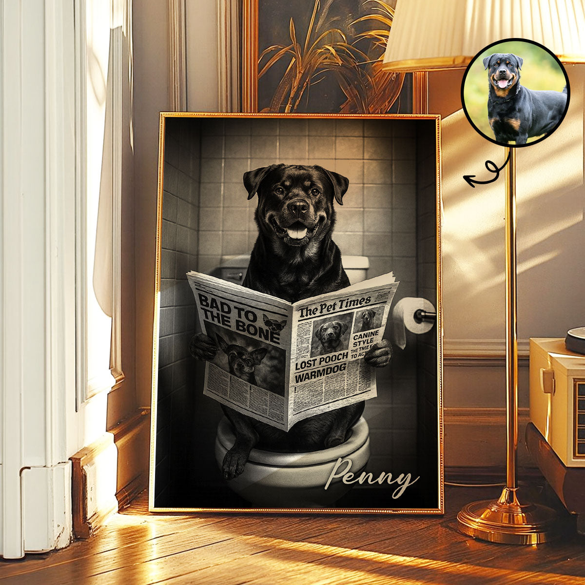 Custom Pet Portrait from Photo, Funny Bathroom Dog Reading Newspaper on Toilet, Dog Wall Art, Personalized Pet Gift