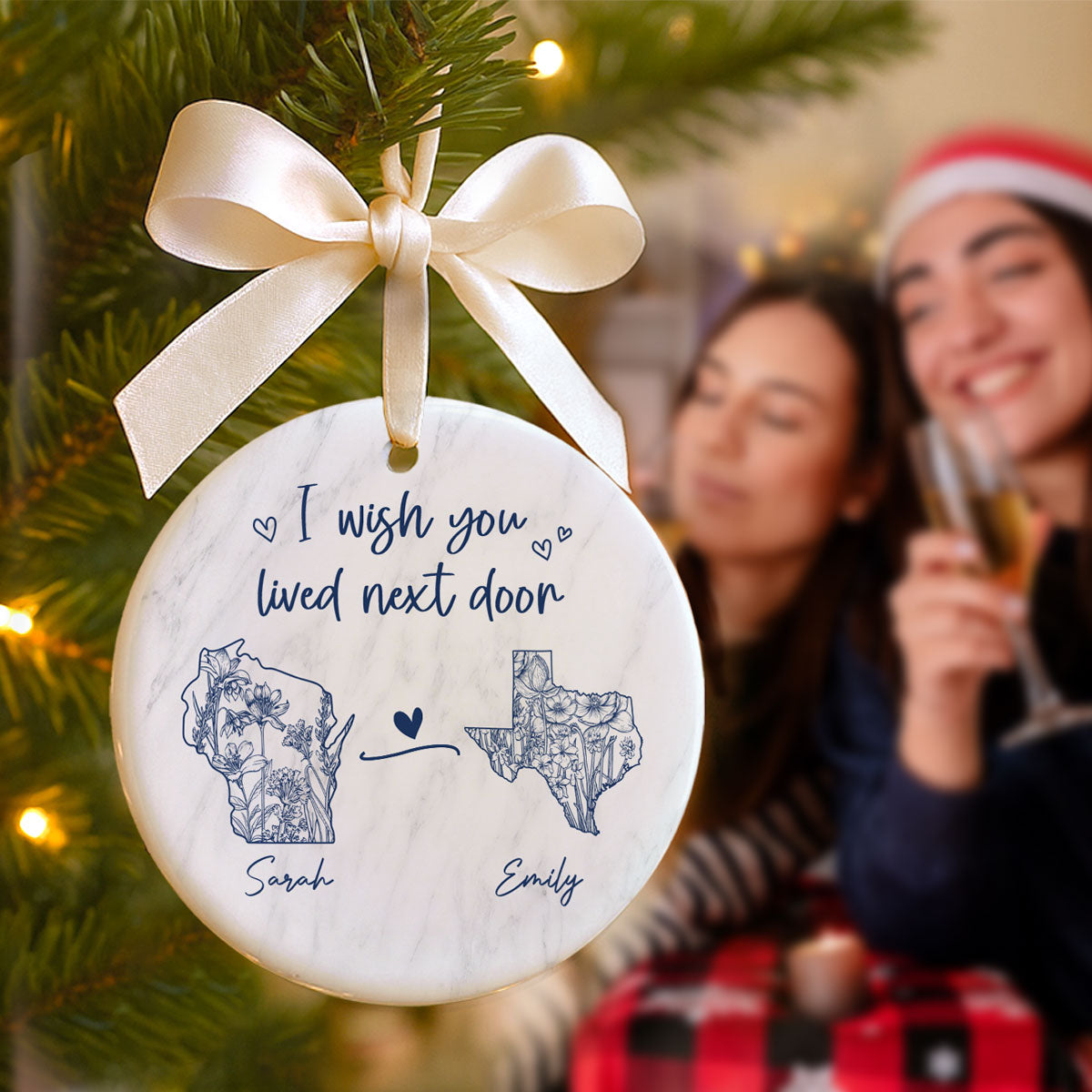 Wish You Lived Next Door Blue Floral State Map Personalized Long Distance Friendship Ornament, Moving Away Gift