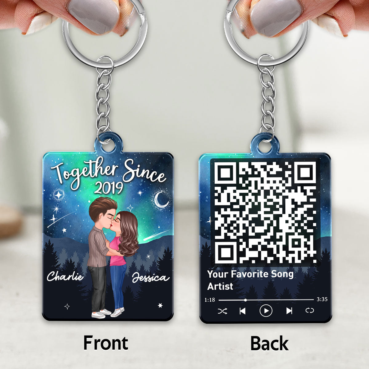 Doll Couple Kissing In Galaxy Night Favorite Song Scannable QR Code Personalized Acrylic Keychain