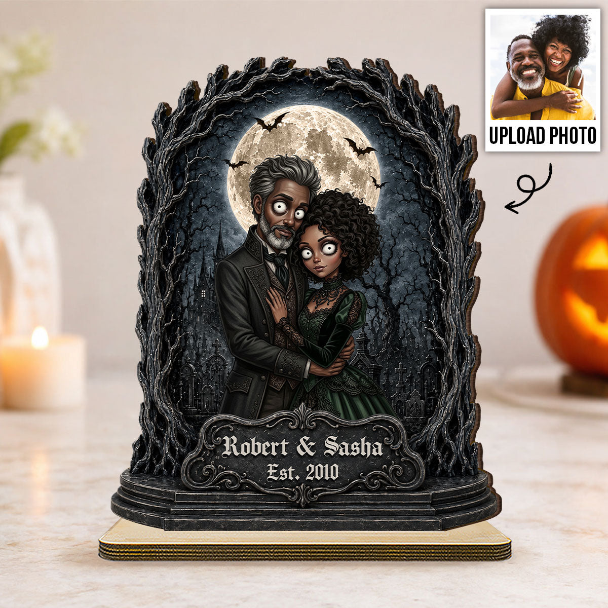 Halloween Custom Photo Illustration Gothic Couple - Personalized 2-Layered Wooden Plaque - Halloween Gift For Couple