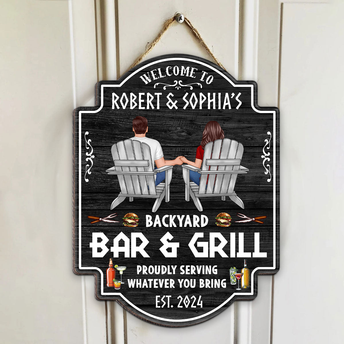Backyard Bar & Grill Couple Sitting Personalized Wood Sign