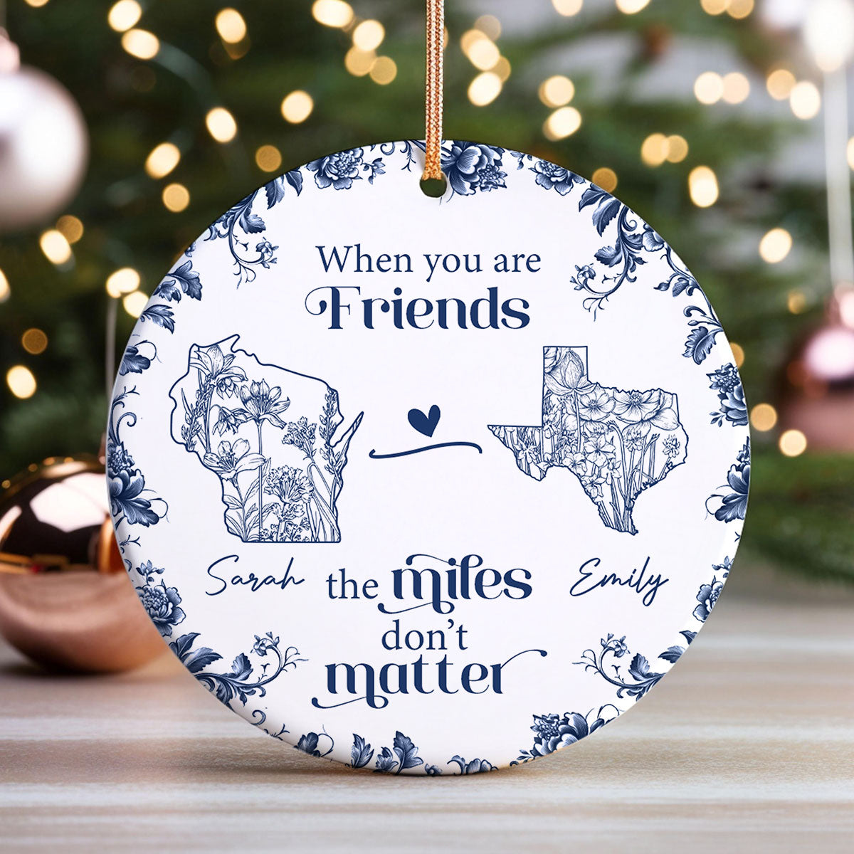 Blue Floral State Map Personalized Long Distance Friendship Ornament, Long Distance Best Friend Gift Moving Away Gift