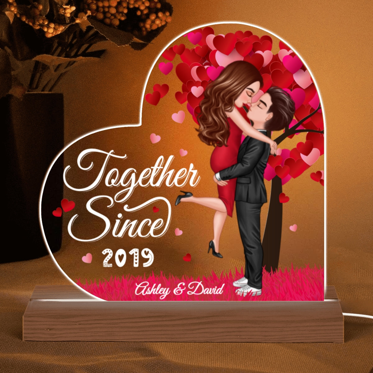 Red Tree Doll Couple Kissing Hugging Personalized Acrylic Custom Shape LED