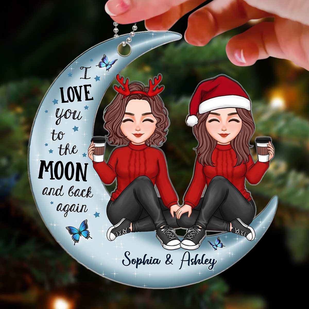 Cute Doll Besties On Moon Gift For Best Friend Personalized Acrylic Ornament