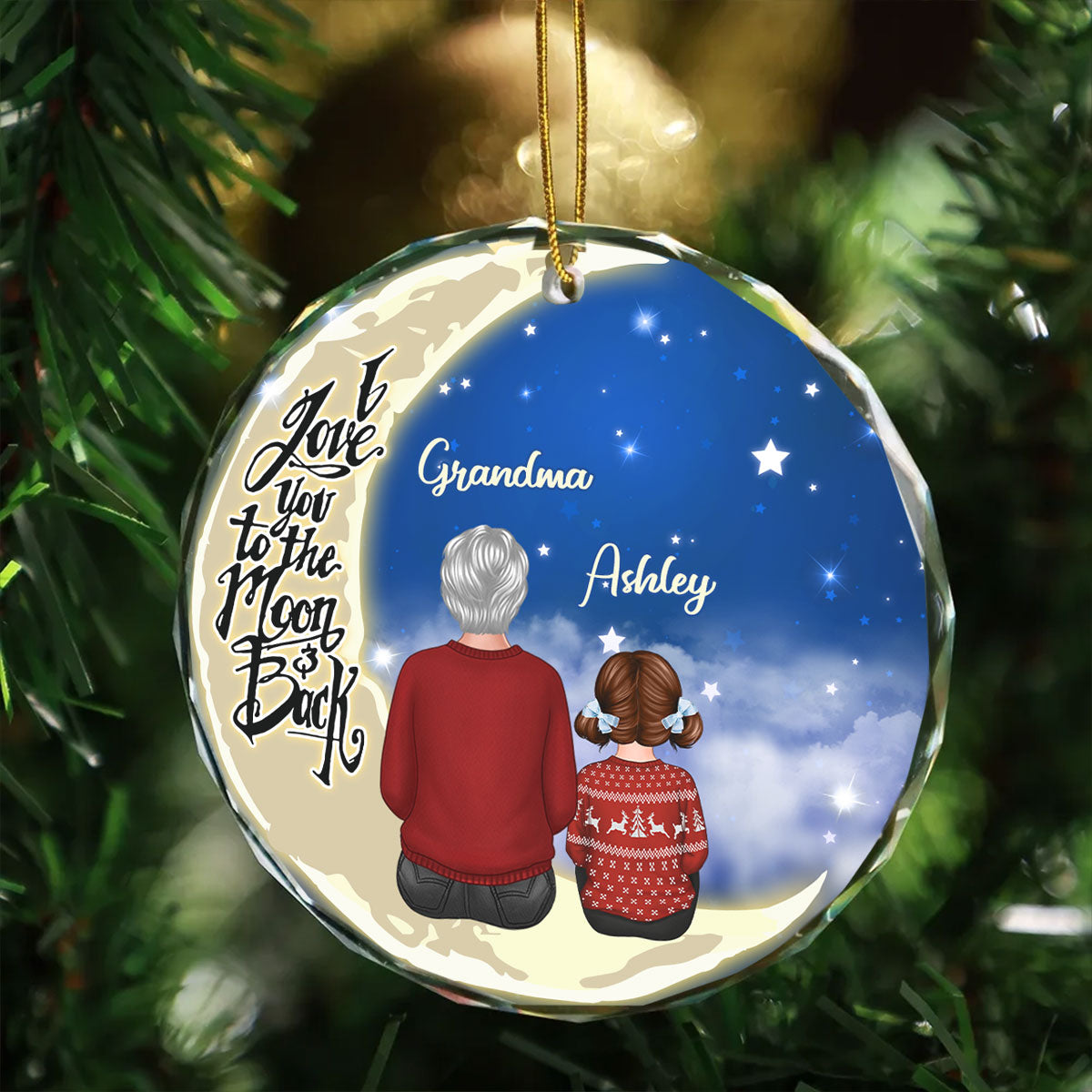 Grandma Grandkids On Moon Personalized Glass Ornament, Christmas Gift for Grandkids, Granddaughter Grandson, Gift for Grandma