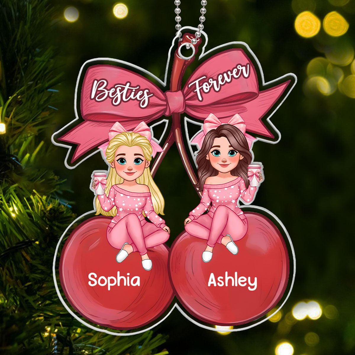 Besties Sitting On Pink Coquette Cherry Bow Personalized Acrylic Ornament, Christmas Gift For Best Friends