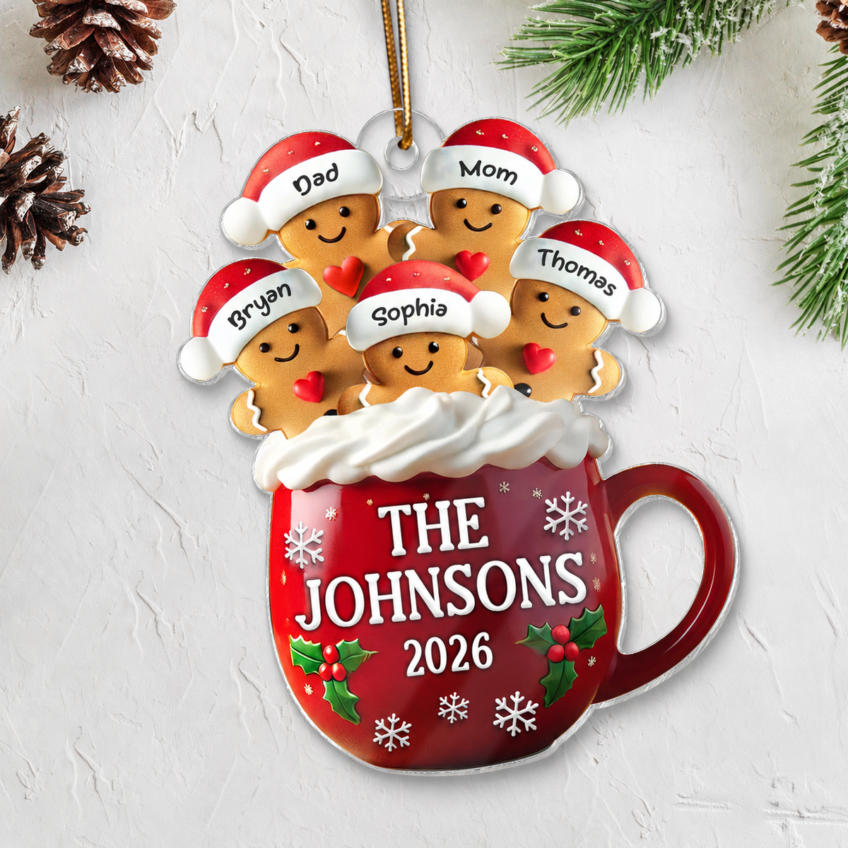 3D Effect Gingerbread Family In Hot Cocoa Christmas Decor Personalized Acrylic Ornament