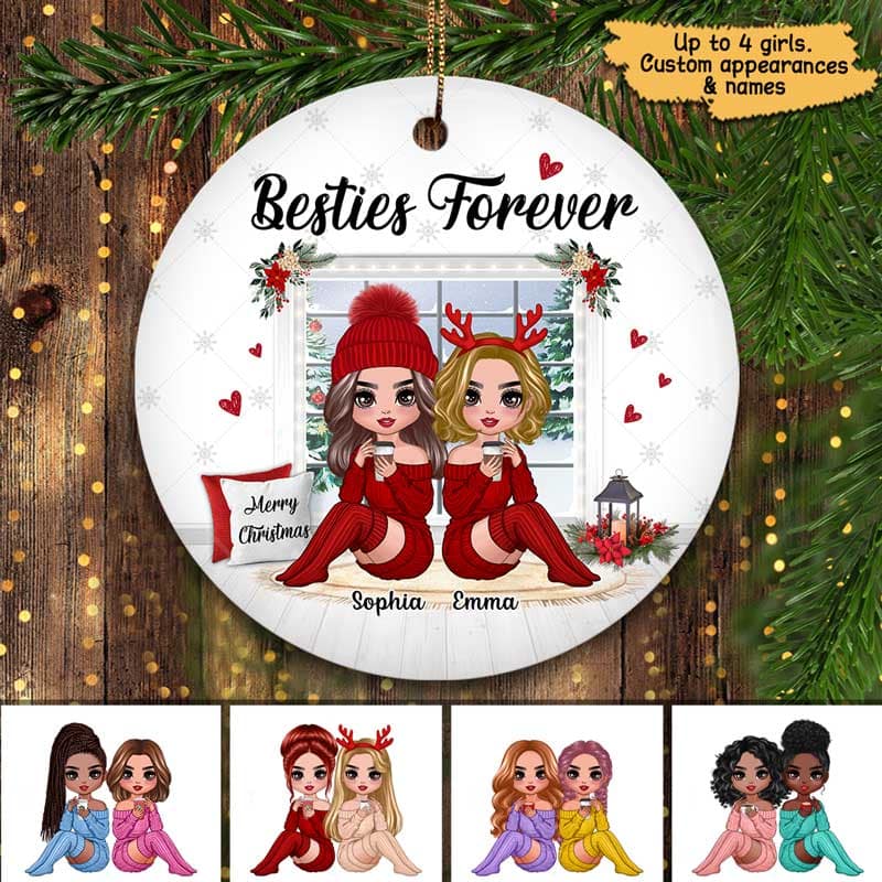 Christmas Doll Besties Sitting By The Window Personalized Circle Ornament