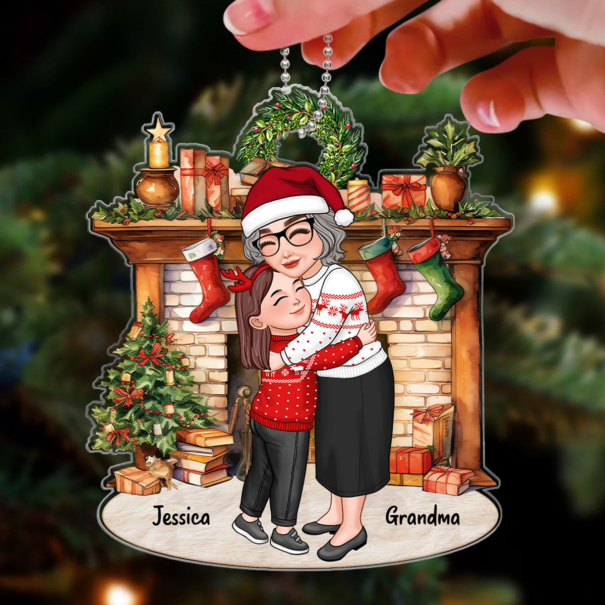 Grandma & Grandkid Hugging By Christmas Fireplace Personalized Acrylic Ornament
