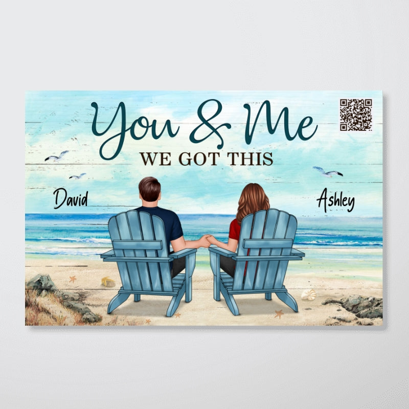 Back View Couple Sitting Beach Landscape Scannable QR Code To Favorite Song Personalized Horizontal Poster